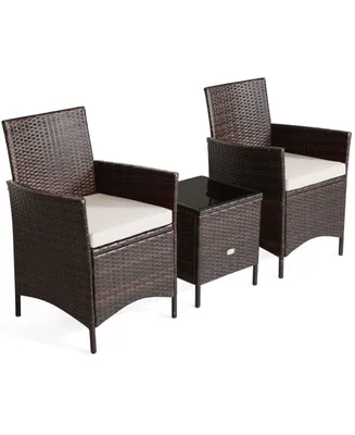 3 Pieces Patio Cushioned Rattan Converstaion Set With Glass Table Top