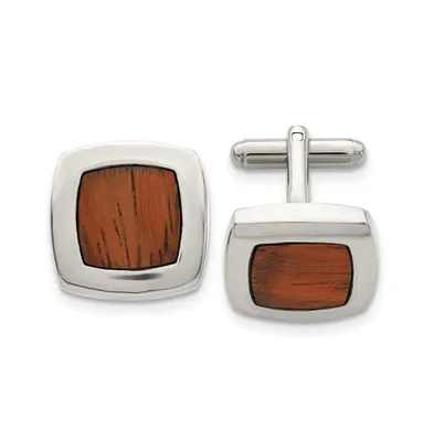 Chisel Stainless Steel Polished Koa Wood Inlay Rounded Square Cufflink