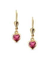 Petite Delicate Romantic Real 14K Yellow Gold Cz Bezel Set Genuine Pink Tourmaline Gemstone Heart Dangle Earrings For Women Girlfriend Lever Back