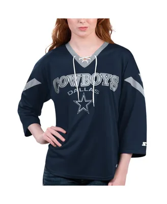 Women's Starter Navy Dallas Cowboys Rally Lace-Up 3/4-Sleeve T-shirt
