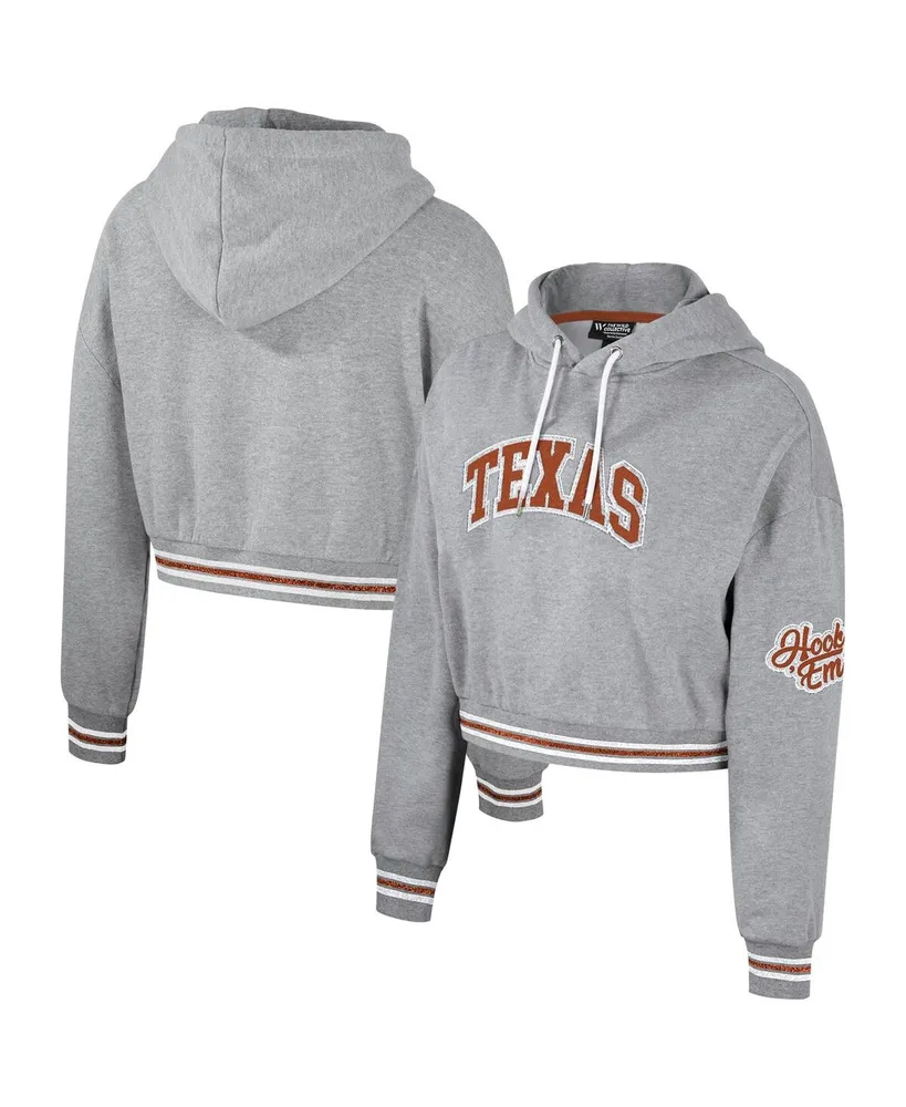 Women's The Wild Collective Heather Gray Distressed Texas Longhorns Cropped Shimmer Pullover Hoodie