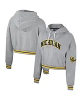 Women's The Wild Collective Heather Gray Distressed Michigan Wolverines Cropped Shimmer Pullover Hoodie