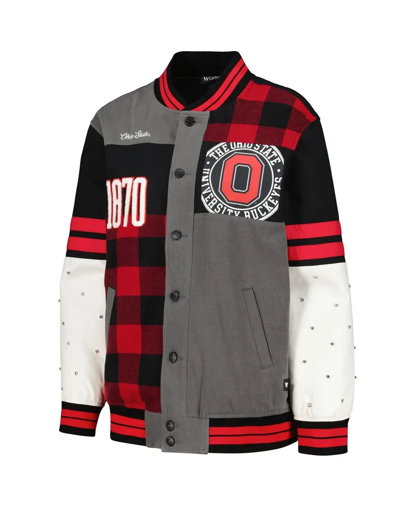 Women's The Wild Collective Black Distressed Ohio State Buckeyes Multi Vintage-Like Button-Up Bomber Jacket