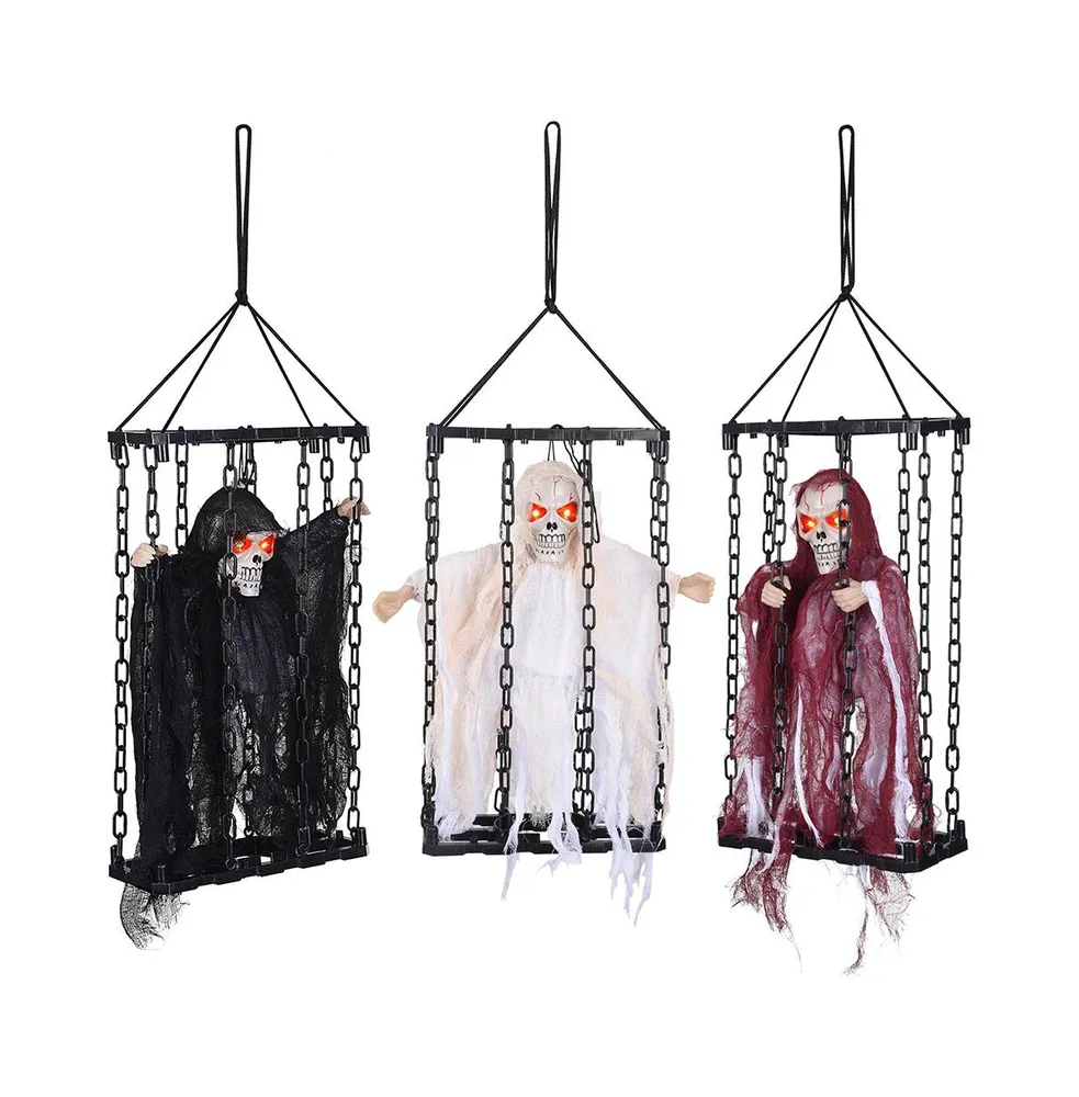 3 Pcs Animated Hanging Caged Ghost Shaking Scary Chained Skull Prisoner Prop Sound Sensor