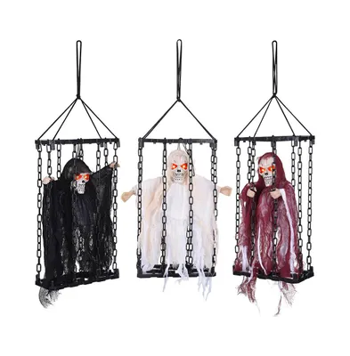 3 Pcs Animated Hanging Caged Ghost Shaking Scary Chained Skull Prisoner Prop Sound Sensor