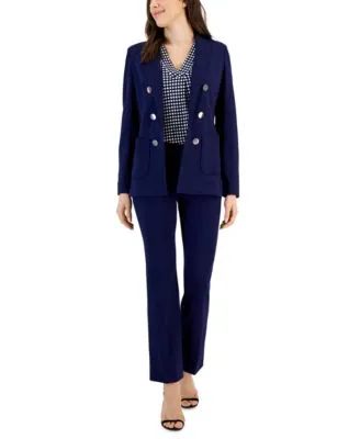 Anne Klein Womens Faux Double Breasted Blazer Printed Pleat Front Top Pull On Slash Pocket Pants
