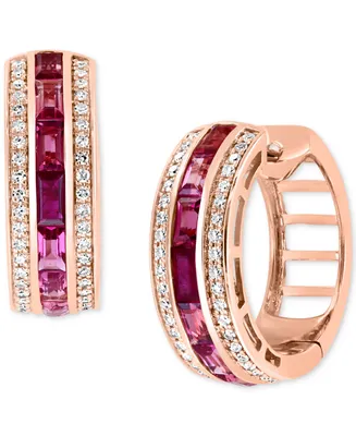 Effy Ruby (1/5 ct. t.w.), Pink Tourmaline (7/8 ct. t.w.), & Diamond (1/3 ct. t.w.) Small Huggie Hoop Earrings in 14k Rose Gold, 0.75"