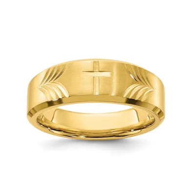 Chisel Stainless Steel Yellow plated Diamond-cut Cross 8mm Band Ring