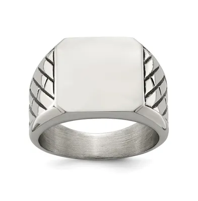 Chisel Stainless Steel Polished with Black Enamel Signet Ring