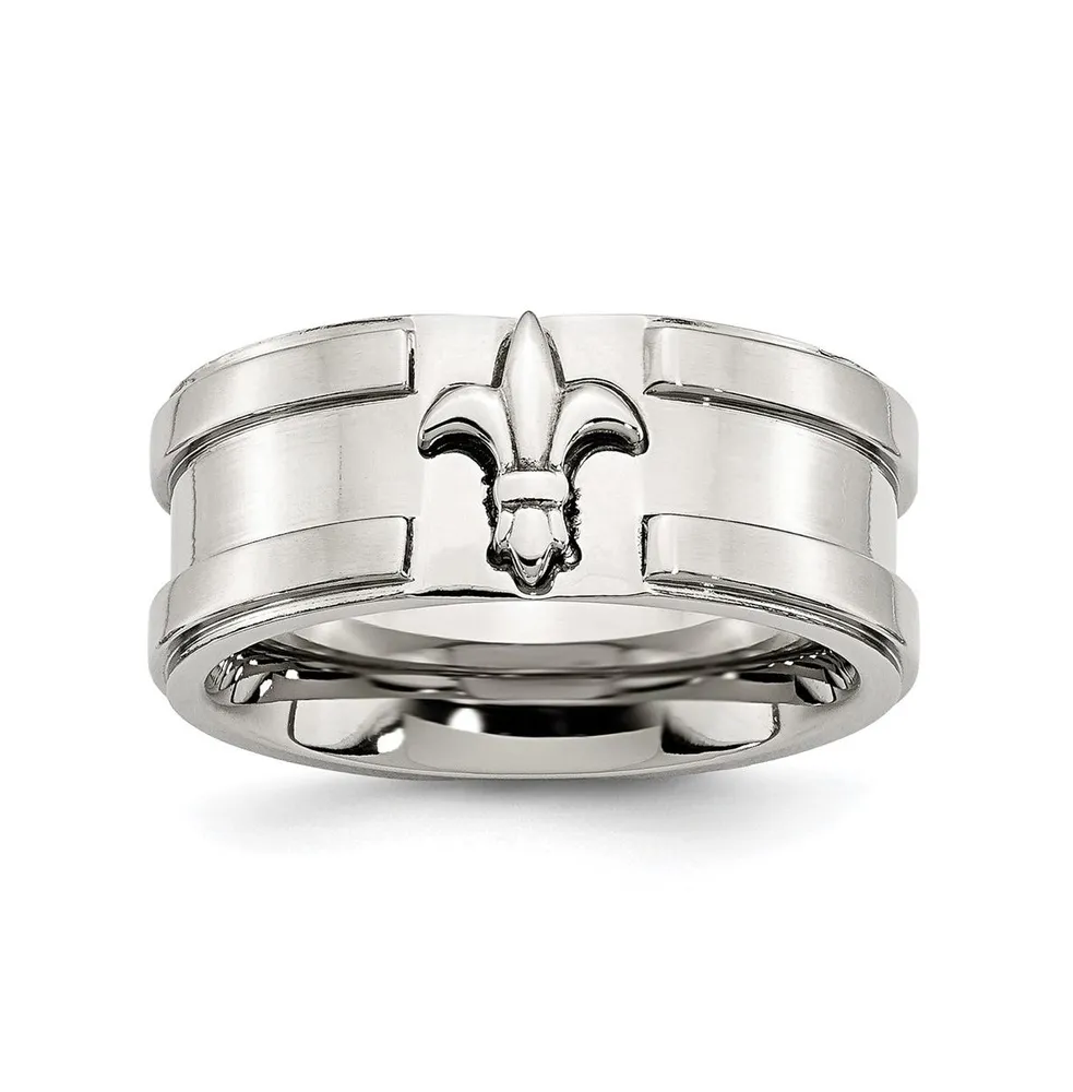 Chisel Stainless Steel Brushed Polished Fleur de lis 10mm Band Ring