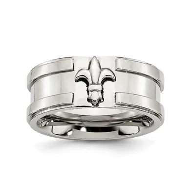 Chisel Stainless Steel Brushed Polished Fleur de lis 10mm Band Ring