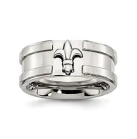 Chisel Stainless Steel Brushed Polished Fleur de lis 10mm Band Ring