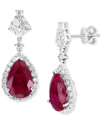 Effy Lab Grown Ruby (6-5/8 ct. t.w.) & Lab Grown Diamond (1-1/2 ct. t.w.) Teardrop Halo Drop Earrings in 14k White Gold