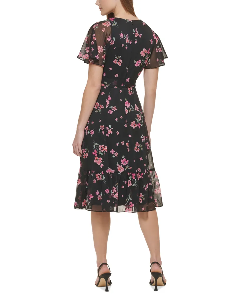 Calvin Klein Women's Floral Flutter-Sleeve Midi Dress