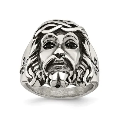 Chisel Stainless Steel Antiqued Black White Crystal Jesus Ring
