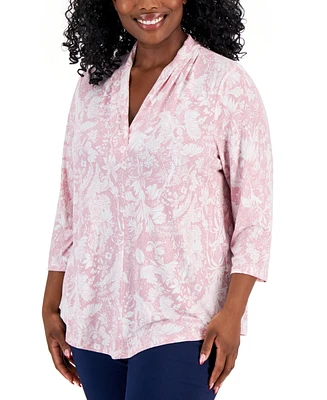 Jm Collection Plus Floral-Print Front-Pleat Top, Created for Macy's