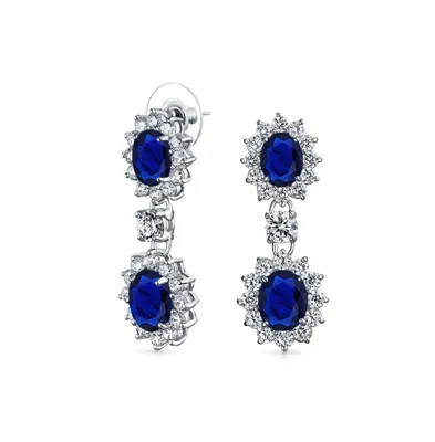 Bling Jewelry Art Deco Style Crown Halo Oval Cubic Zirconia Royal Blue Cz Fashion Dangle Drop Earrings For Prom smaid Rhodium Plated