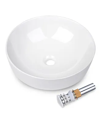 16" Round Porcelain Ceramic Bathroom Countertop Vessel Sink w/Pop up Drain Hotel