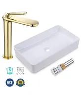 Rectangle Ceramic Bathroom Sink and Gold Vanity Mixer Faucet w/Pop Up Drain Kit