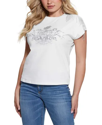Guess Women's Embellished Graphic Fringed Cotton T-Shirt