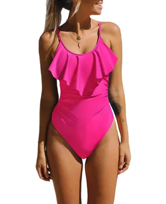 Women's Scoop Ruffle Ruching One Piece Swimsuit