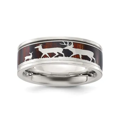 Chisel Stainless Steel Polished Wood Inlay Deer Design 8mm Band Ring