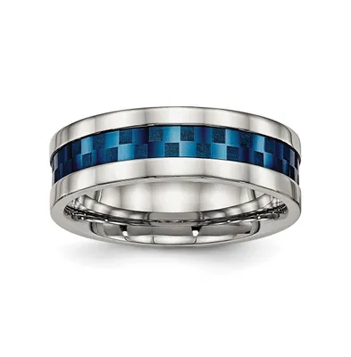 Chisel Stainless Steel Polished Blue Ip-plated Checkered 7mm Band Ring