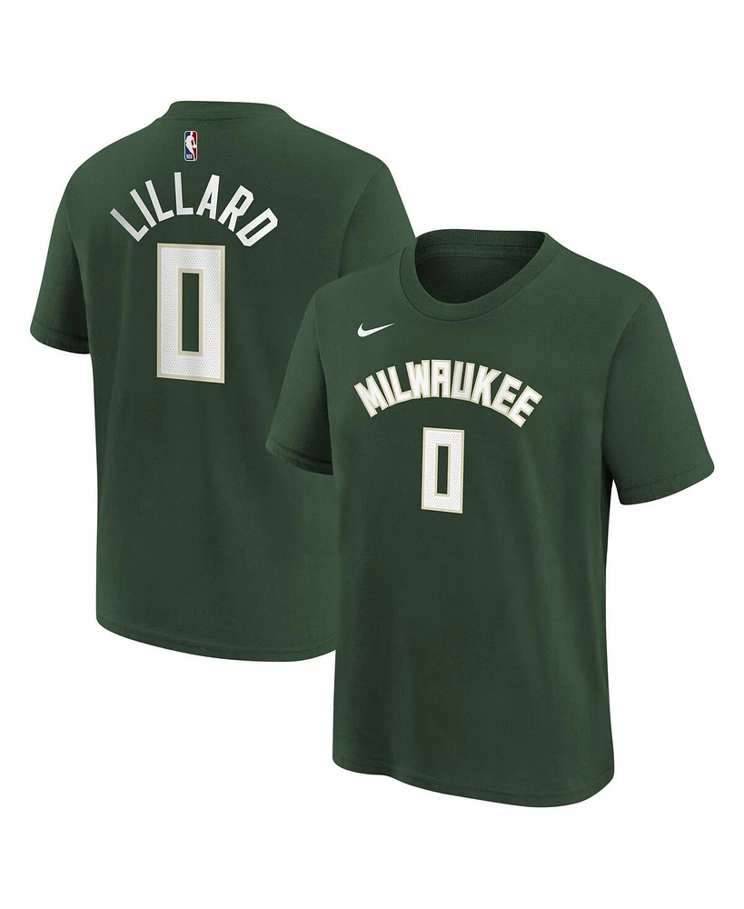 Big Boys Nike Damian Lillard Hunter Green Milwaukee Bucks Icon Name and Number T-shirt