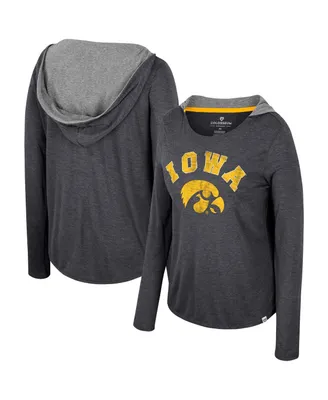 Women's Colosseum Black Distressed Iowa Hawkeyes Heather Long Sleeve Hoodie T-shirt