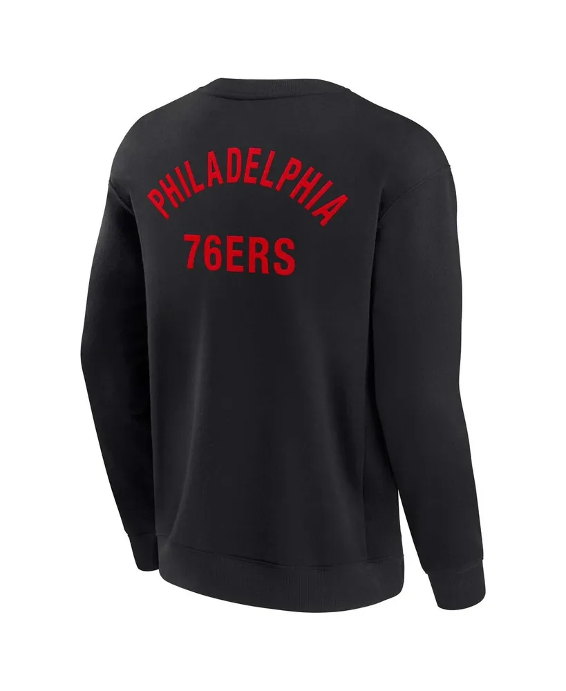 Men's and Women's Fanatics Signature Black Philadelphia 76ers Super Soft Fleece Oversize Arch Crew Pullover Sweatshirt