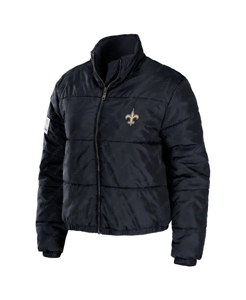 Women's Wear by Erin Andrews Black New Orleans Saints Puffer Full-Zip Cropped Jacket