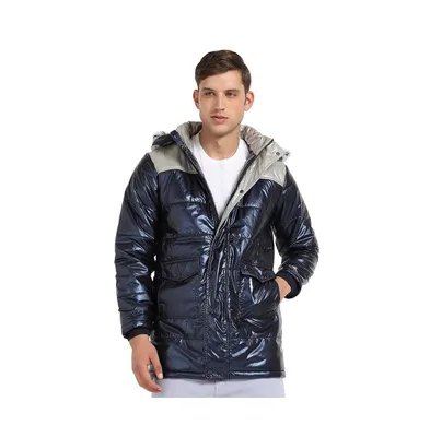 Campus Sutra Men's Blue & Beige Zip-Front Puffer Jacket With Fur Detail