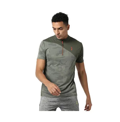 Campus Sutra Men's Olive Green Camouflage Active wear T-Shirt