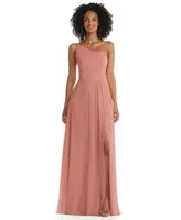Women's One-Shoulder Chiffon Maxi Dress with Shirred Front Slit