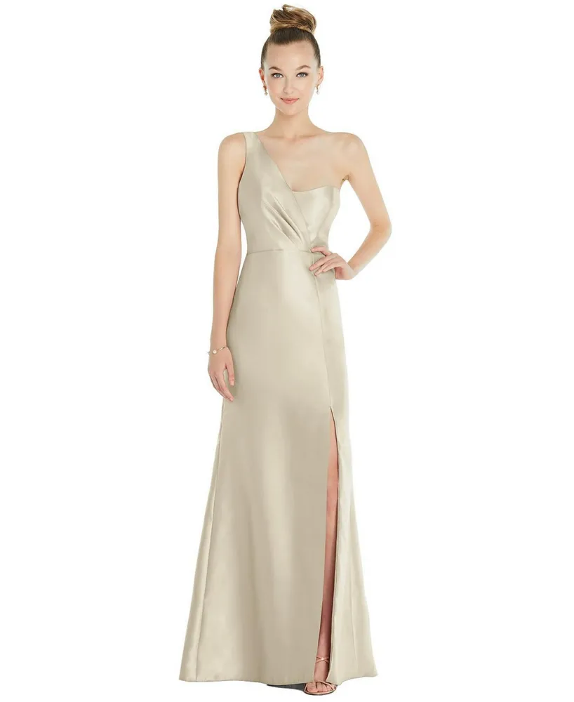 Draped One-Shoulder Satin Trumpet Gown with Front Slit