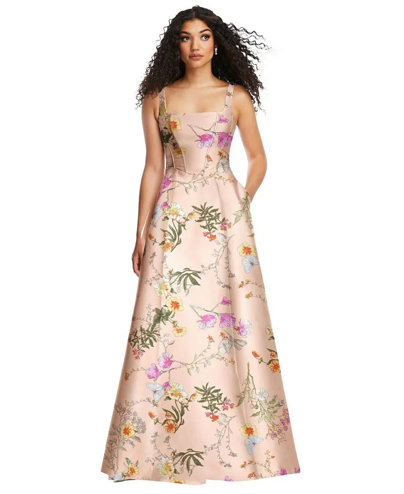 Alfred Sung Womens Boned Corset Closed-Back Floral Satin Gown with Full  Skirt