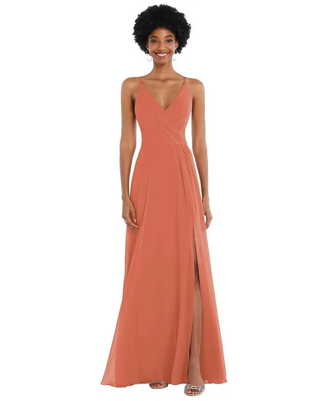 Faux Wrap Criss Cross Back Maxi Bridesmaid Dress With Adjustable