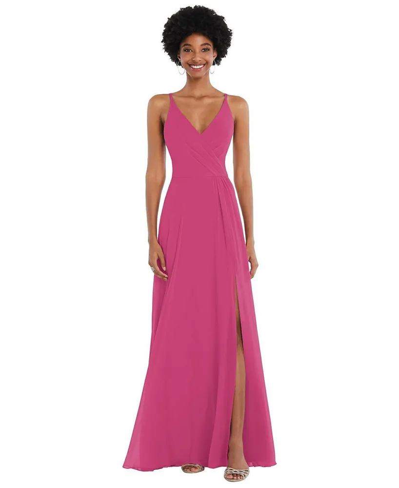 Adjustable Strap Faux Wrap Maxi Bridesmaid Dress With Covered
