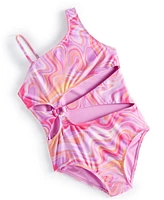 Breaking Waves Big Girls Cut-Out O-Ring Marble-Print One-Piece Swimsuit