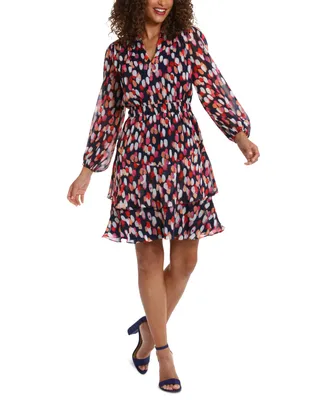 London Times Petite Chiffon V-Neck Long-Sleeve Fit & Flare Dress