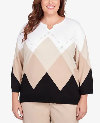 Alfred Dunner Plus Size Neutral Territory Ombre Argyle Split Neck Sweater