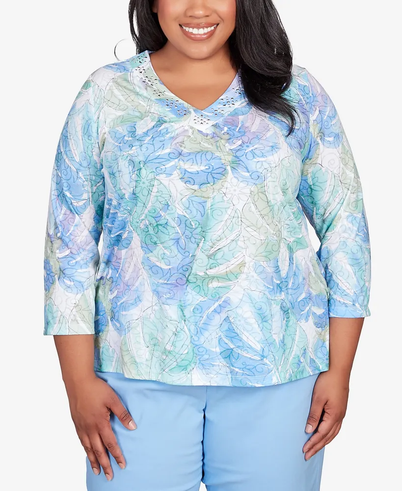 Alfred Dunner Plus Size Classic Pastels Leaves Bordered V-neck Top