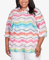 Alfred Dunner Plus Classic Brights Wavy Stripe Button Down Top