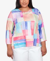 Alfred Dunner Plus Size Classic Brights Bright Patchwork Lace Neck Top