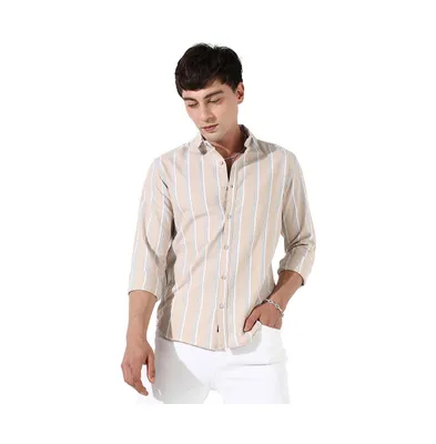 Campus Sutra Men's Beige Striped Cotton Shirt