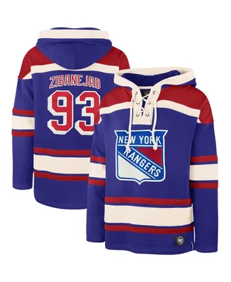 Men's '47 Brand Mika Zibanejad Blue New York Rangers Player Name and Number Lacer Pullover Hoodie