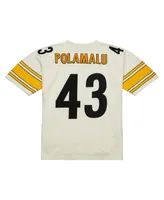 Men's Mitchell & Ness Troy Polamalu Cream Pittsburgh Steelers Chainstitch Legacy Jersey