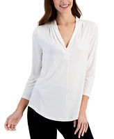 Jm Collection Women's 3/4 Sleeve V-Neck Pleat Top, Created for Macy's