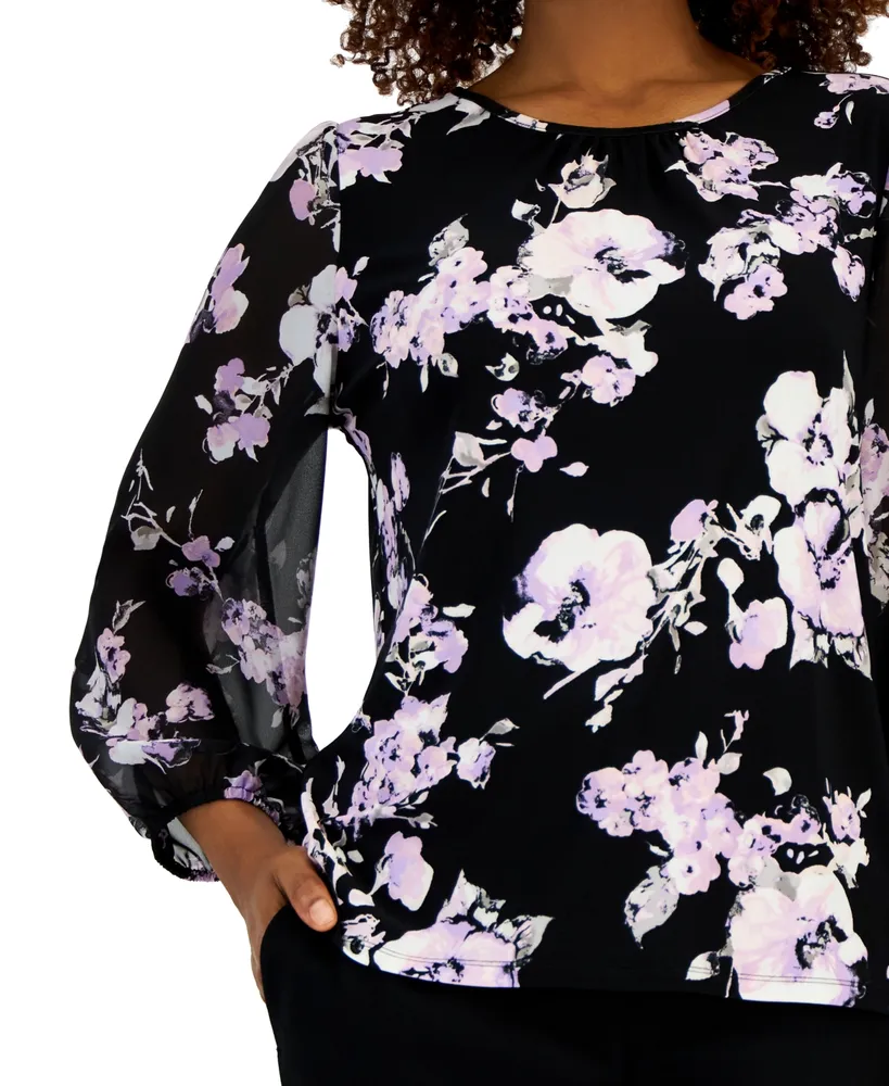 Kasper Women's Floral-Print Chiffon-Sleeve Top