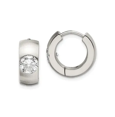 Chisel Stainless Steel Brushed Polished Cz Round Hinged Hoop Earrings